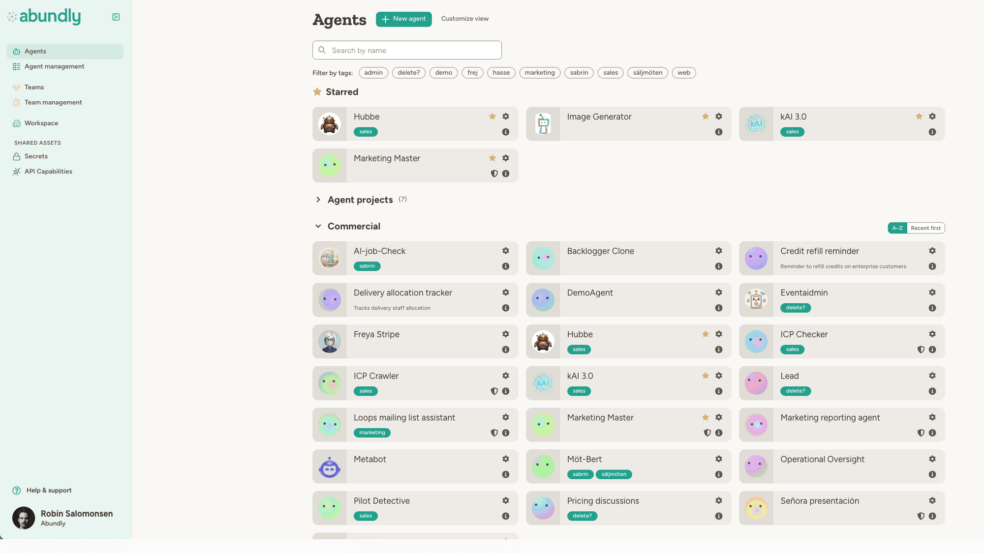 Abundly's Agents page showing a workspace's full agent library, organized by team (Starred, Agent projects, Commercial) with a left-hand sidebar for Agents, Teams, Workspace and shared assets